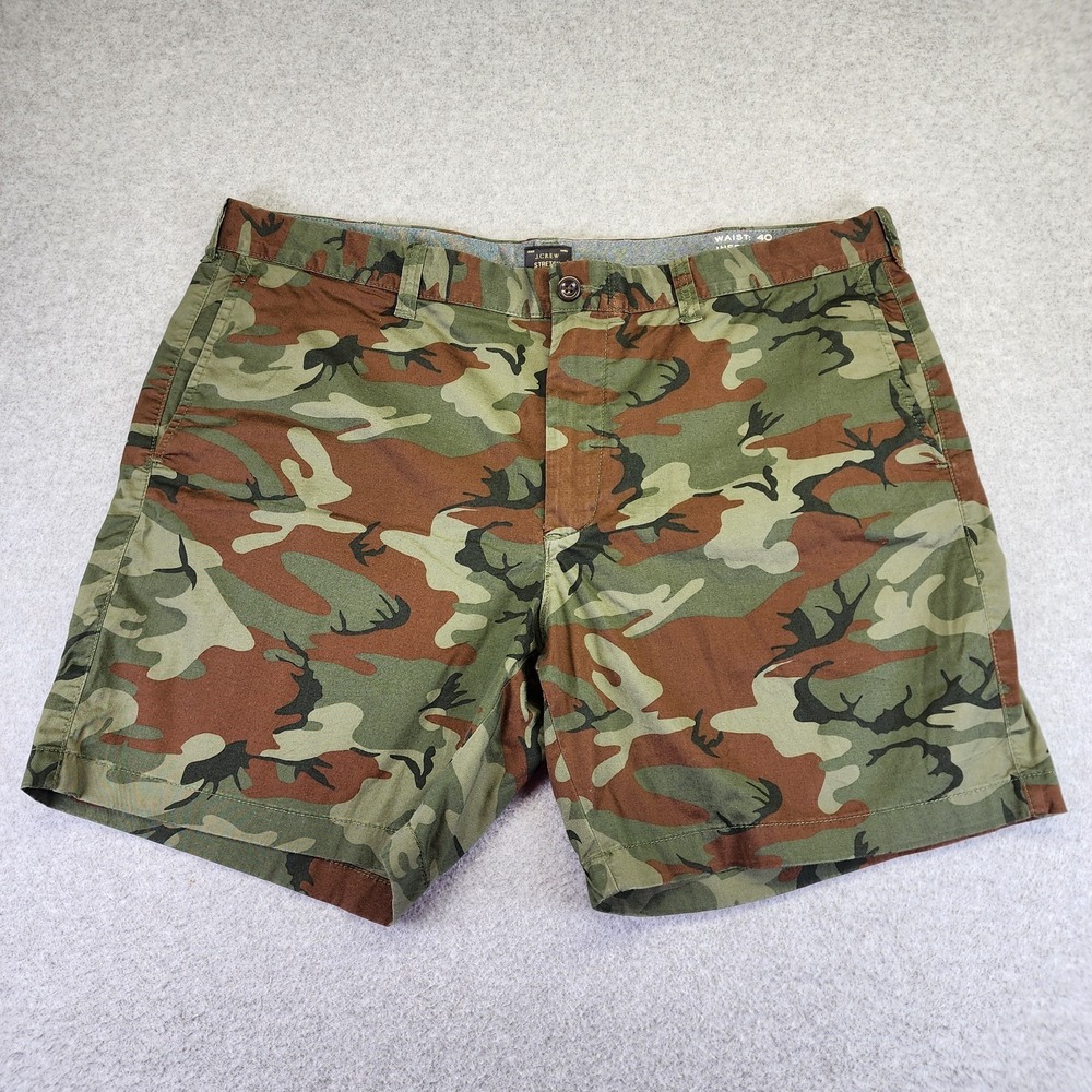 J Crew Stretch Men's 40 Camo Chino Shorts Green‎ Brown Flat Front Casual